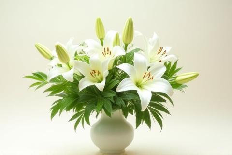 白いユリとグリーンを基調としたエレガントなアレンジ